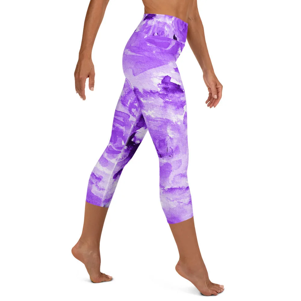 Purple Floral Yoga Capri Leggings, Abstract Flower Print Women's Capris Tights-Made in USA/EU