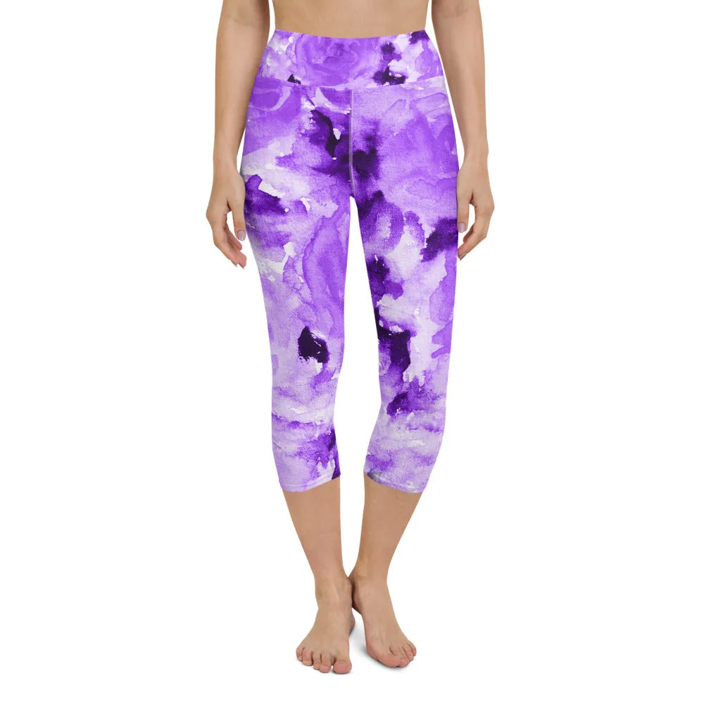 Purple Floral Yoga Capri Leggings, Abstract Flower Print Women's Capris Tights-Made in USA/EU