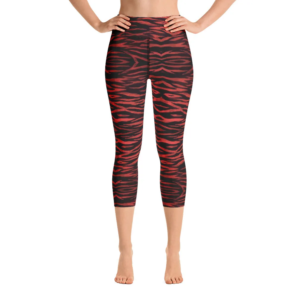 Red Tiger Yoga Capri Leggings, Cute Tiger Striped Animal Print Women's Capris Tights-Made in USA/EU