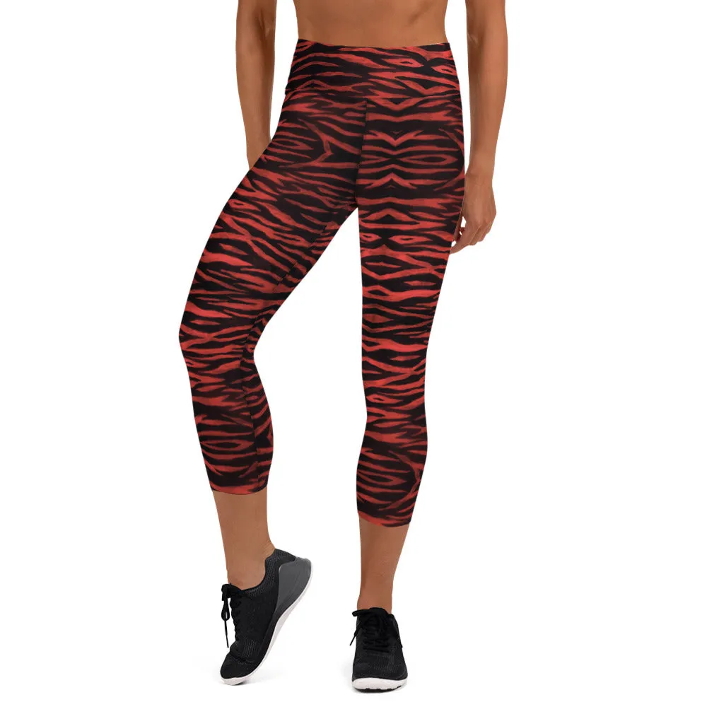 Red Tiger Yoga Capri Leggings, Cute Tiger Striped Animal Print Women's Capris Tights-Made in USA/EU