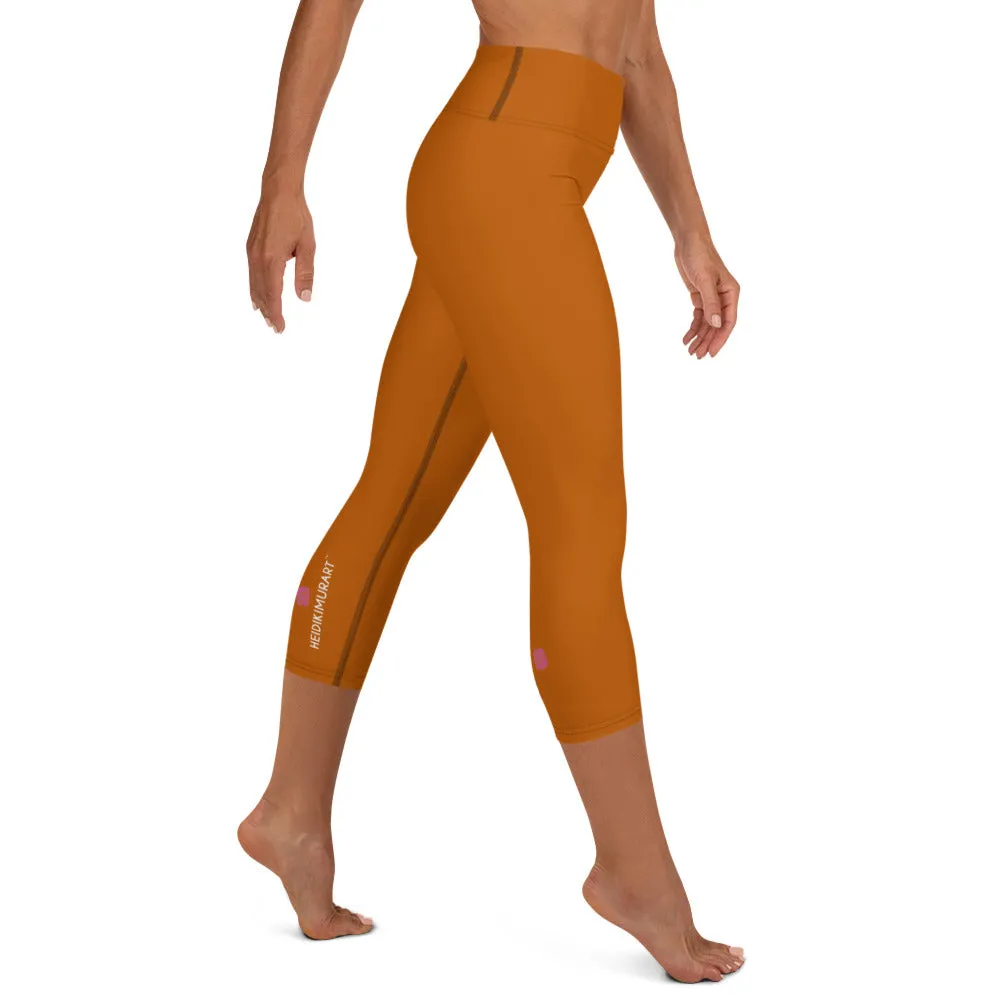 Sand Brown Yoga Capri Leggings, Brown Solid Color Workout Tights For Women- Made in USA/EU/MX