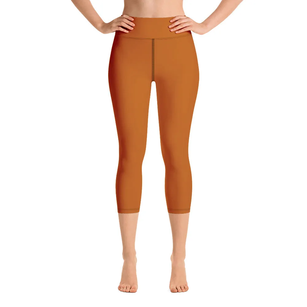 Sand Brown Yoga Capri Leggings, Brown Solid Color Workout Tights For Women- Made in USA/EU/MX