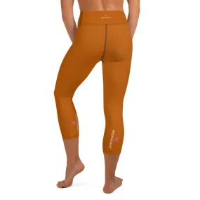 Sand Brown Yoga Capri Leggings, Brown Solid Color Workout Tights For Women- Made in USA/EU/MX