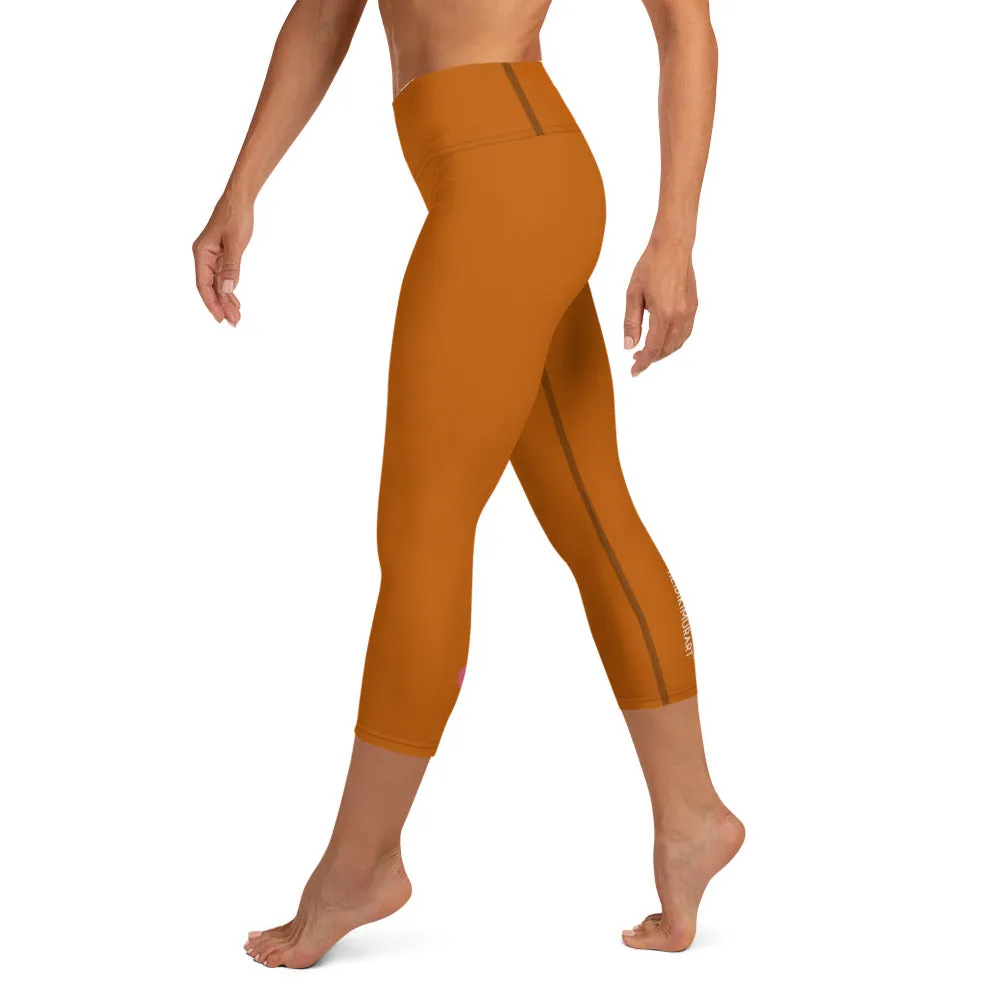 Sand Brown Yoga Capri Leggings, Brown Solid Color Workout Tights For Women- Made in USA/EU/MX