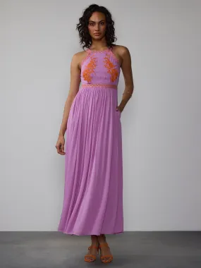 Sleeveless Halter Floral Embroidered Maxi Dress