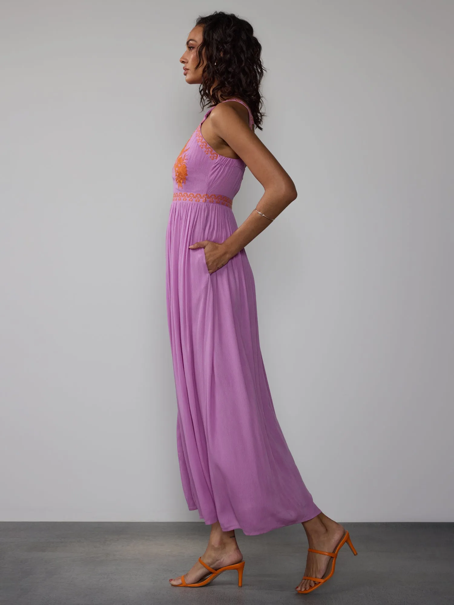 Sleeveless Halter Floral Embroidered Maxi Dress