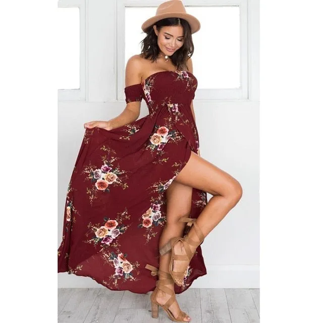 VenusFox Off Shoulder Floral Print Strapless Long Maxi Dress