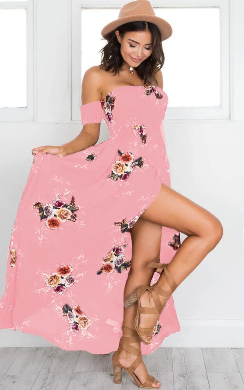 VenusFox Off Shoulder Floral Print Strapless Long Maxi Dress