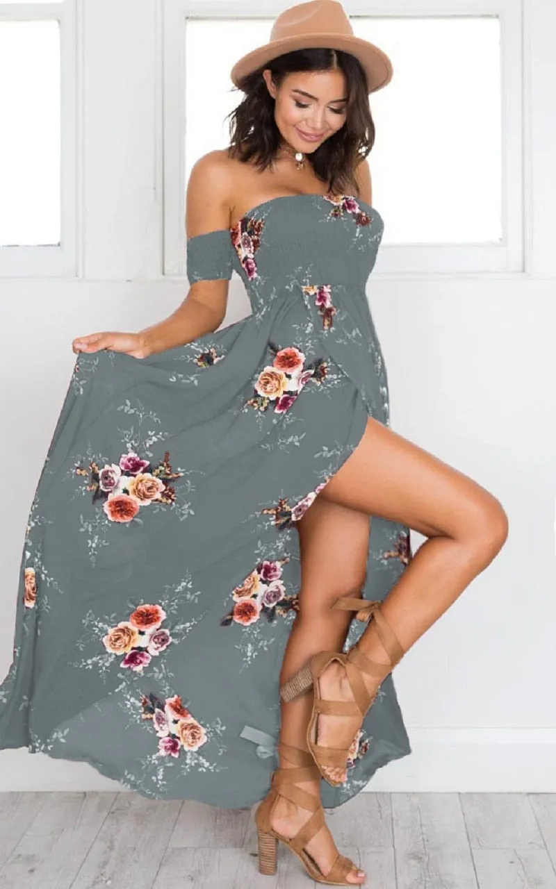 VenusFox Off Shoulder Floral Print Strapless Long Maxi Dress