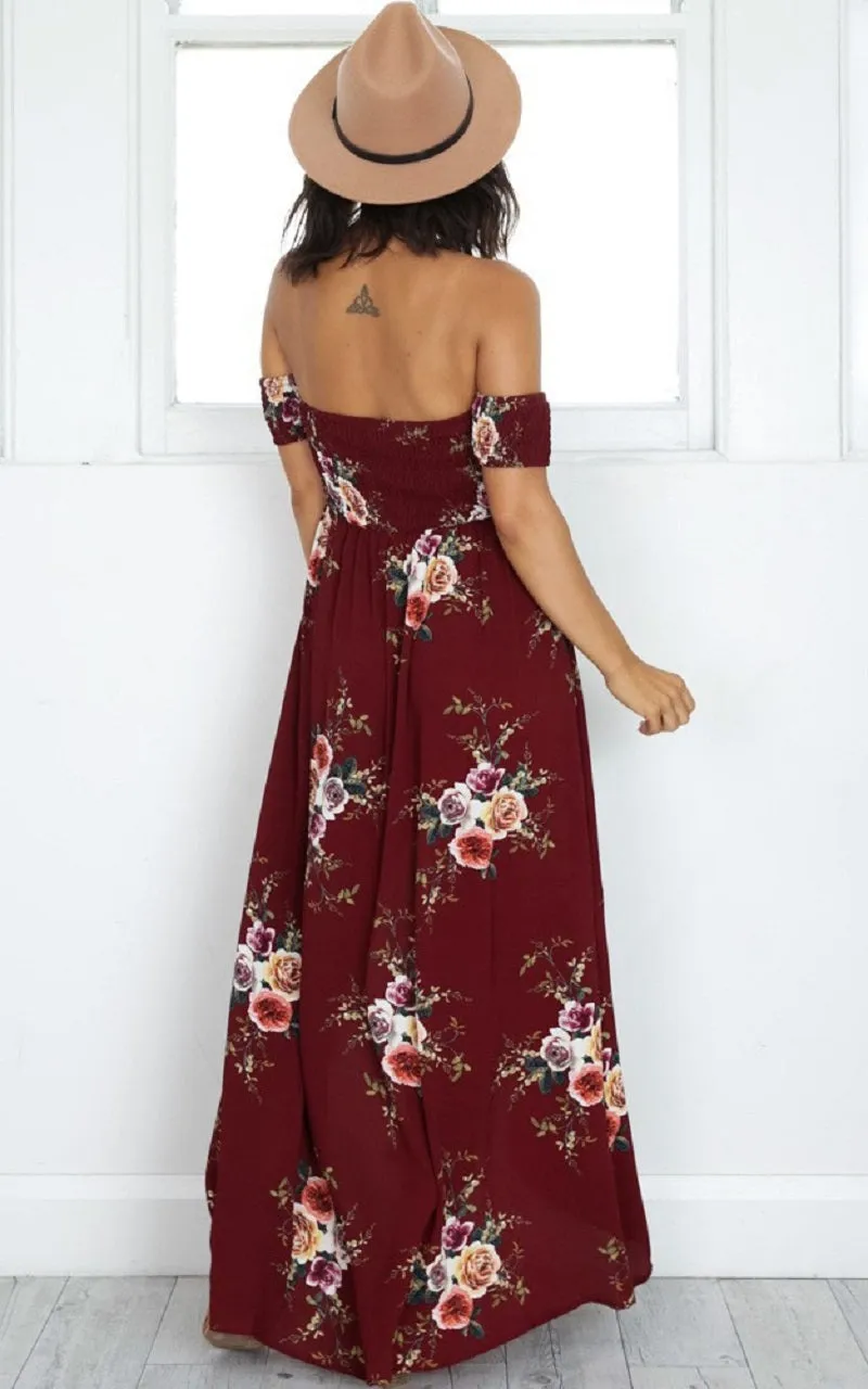 VenusFox Off Shoulder Floral Print Strapless Long Maxi Dress