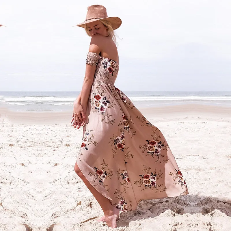 VenusFox Off Shoulder Floral Print Strapless Long Maxi Dress