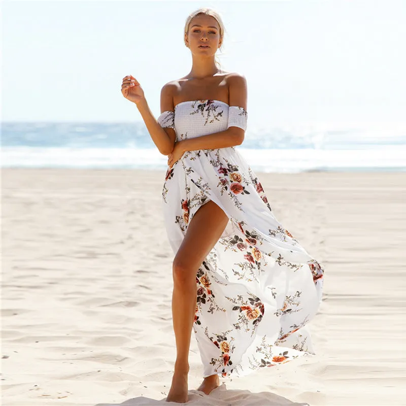 VenusFox Off Shoulder Floral Print Strapless Long Maxi Dress