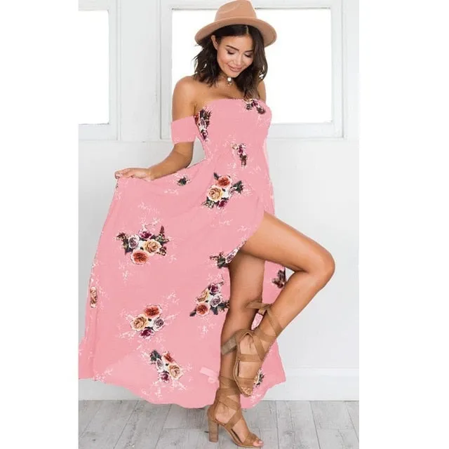 VenusFox Off Shoulder Floral Print Strapless Long Maxi Dress