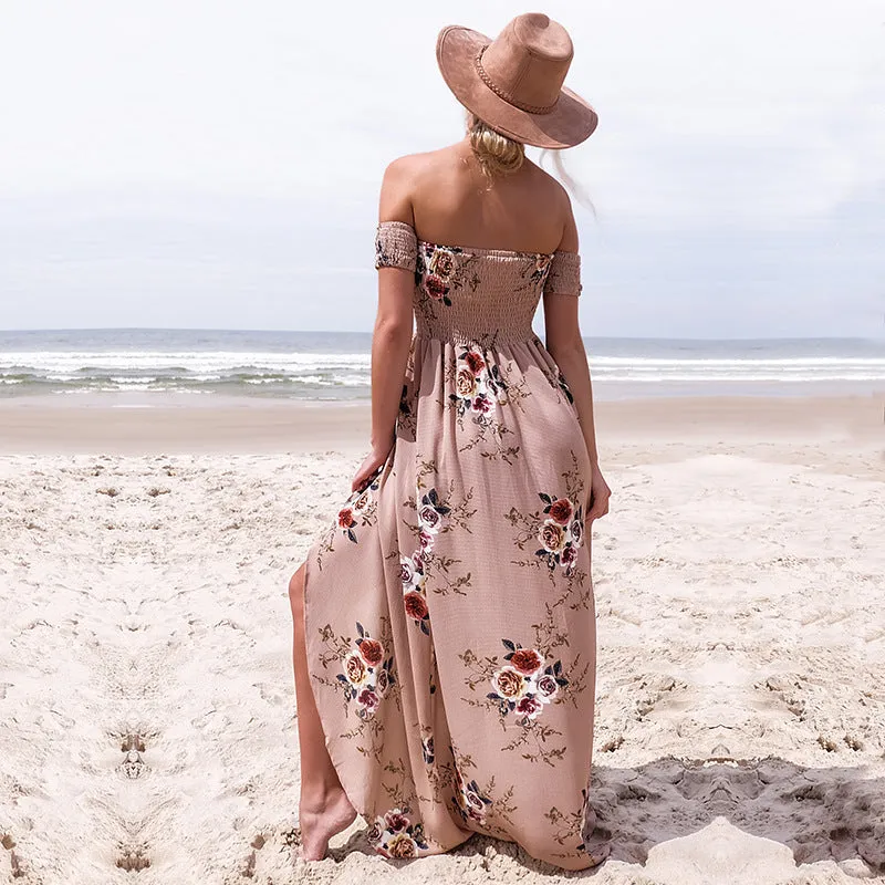 VenusFox Off Shoulder Floral Print Strapless Long Maxi Dress