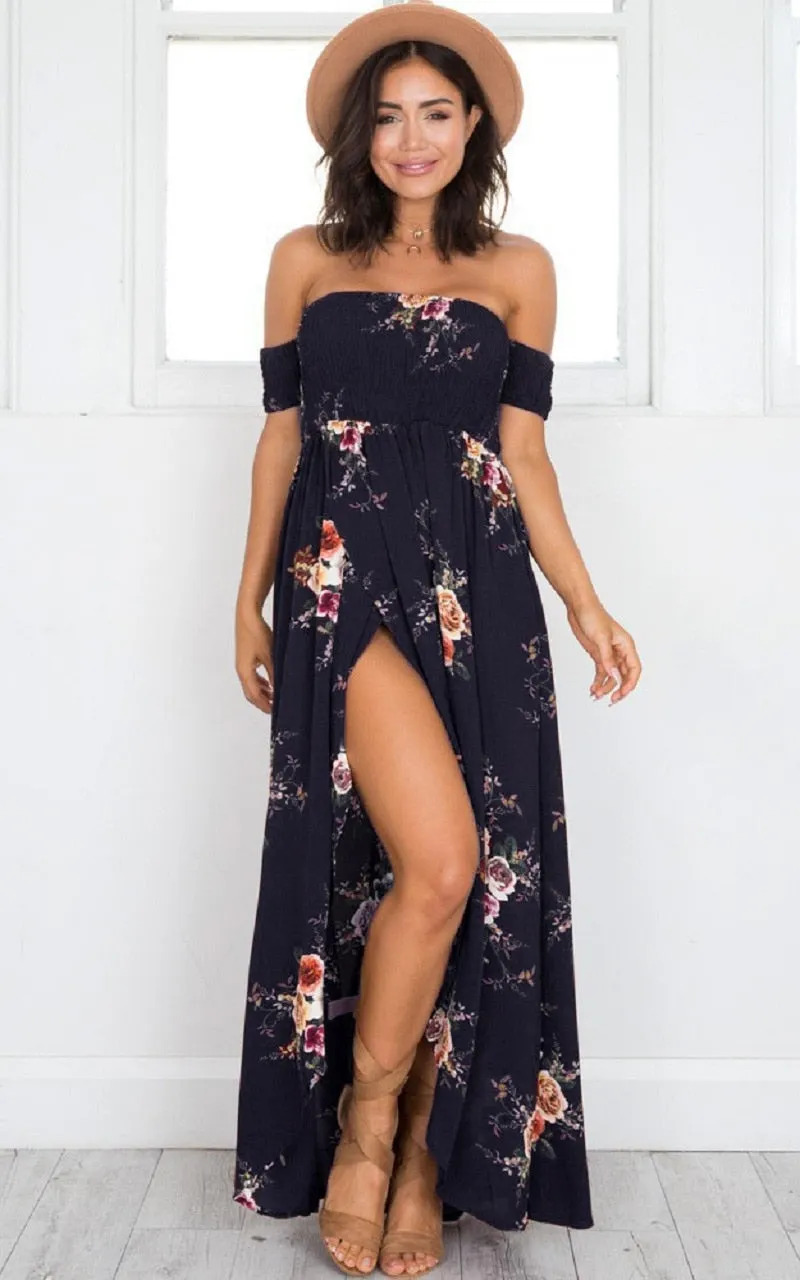 VenusFox Off Shoulder Floral Print Strapless Long Maxi Dress