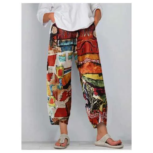 Vintage Printed Split Elastic Waist Pants