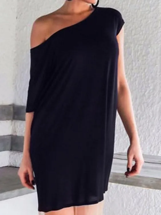 Wholesale Black One Shoulder Half Sleeve Shirt Dresses