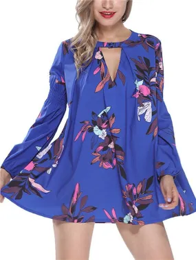 Wholesale Crew Neck Long Sleeve Floral Print Cut Out Shirt Dress