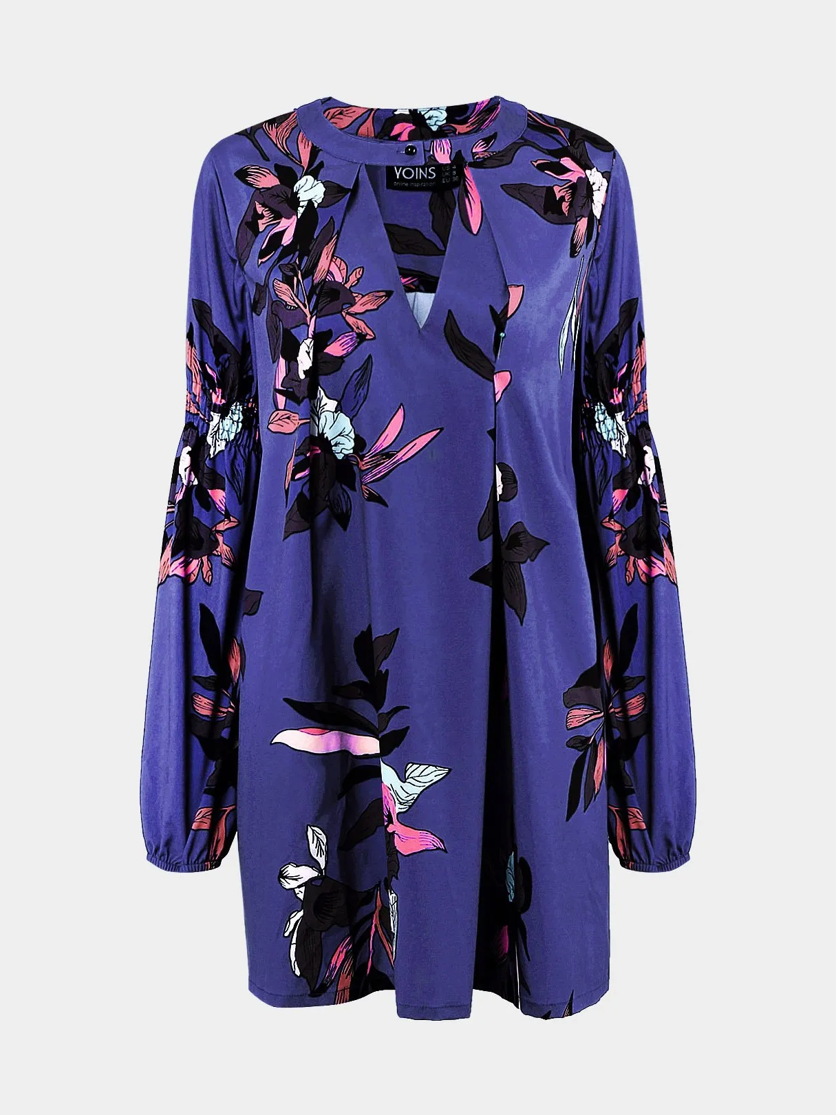 Wholesale Crew Neck Long Sleeve Floral Print Cut Out Shirt Dress