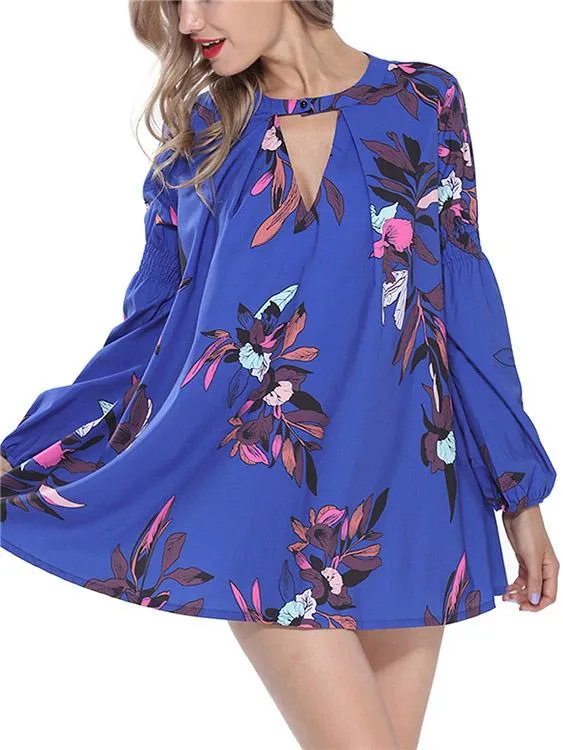 Wholesale Crew Neck Long Sleeve Floral Print Cut Out Shirt Dress