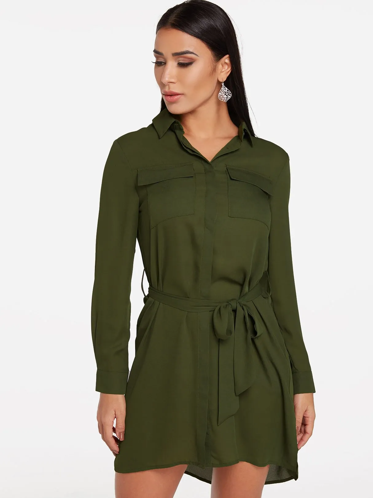 Wholesale Green V-Neck Long Sleeve Self-Tie Slit Hem Shirt Dress