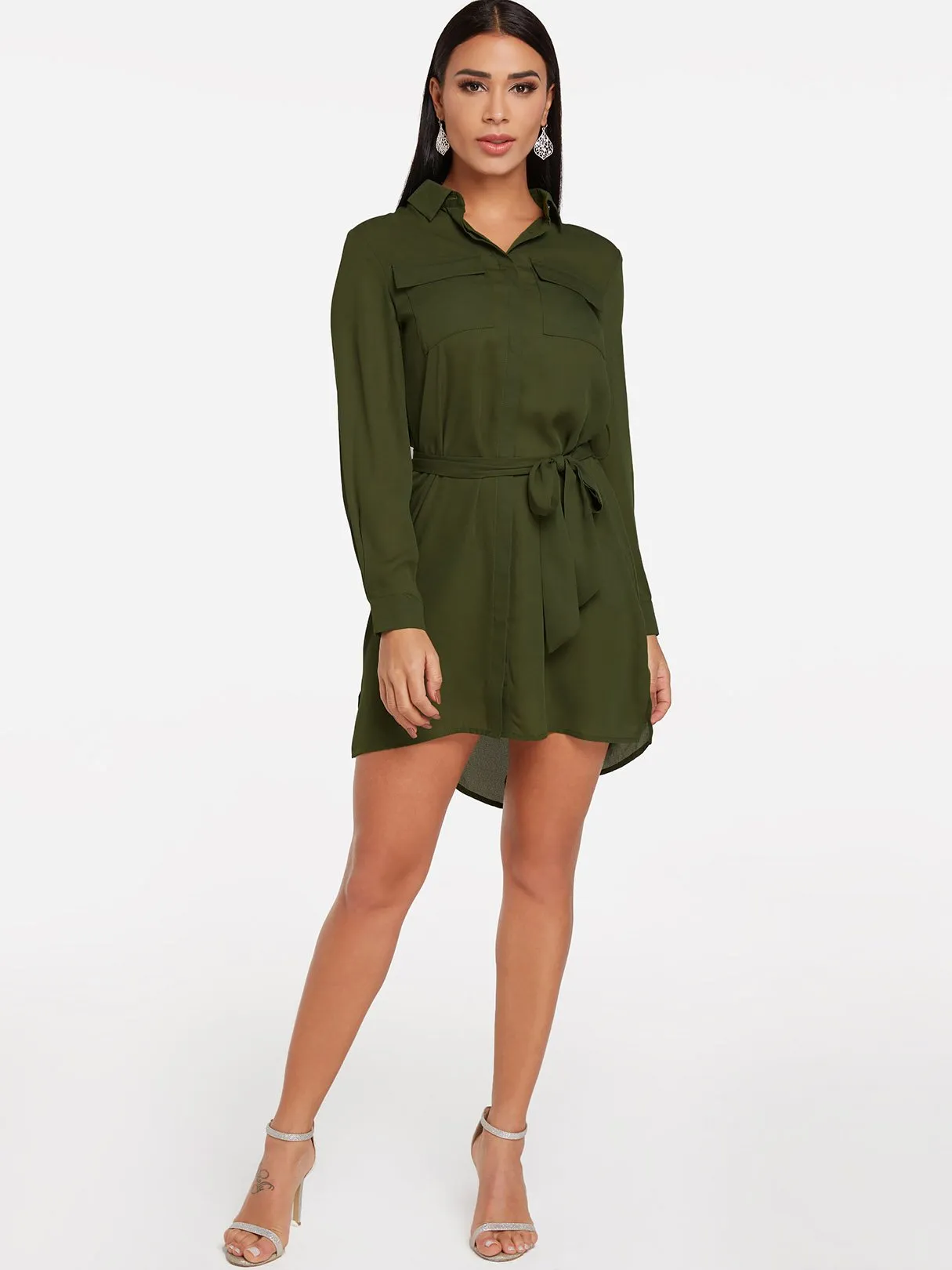 Wholesale Green V-Neck Long Sleeve Self-Tie Slit Hem Shirt Dress