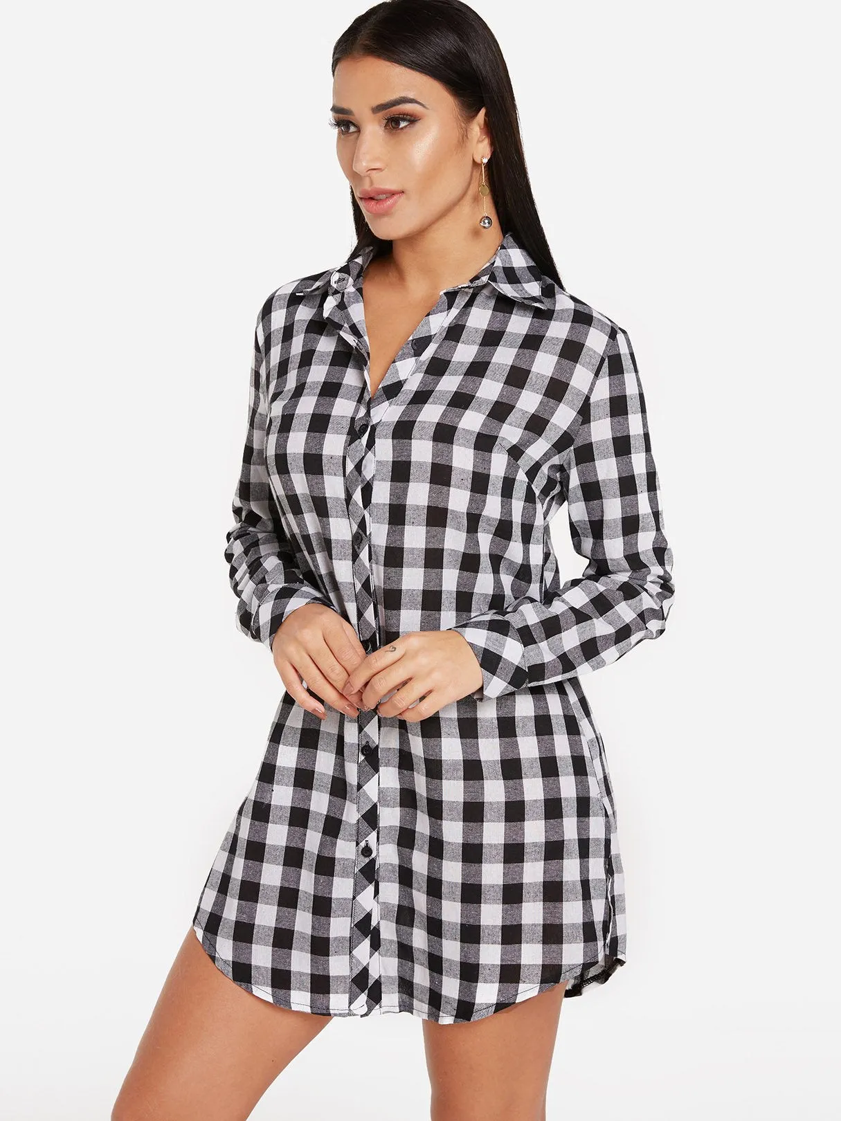 Wholesale Grid Classic Collar Long Sleeve Grid Shirt Dress