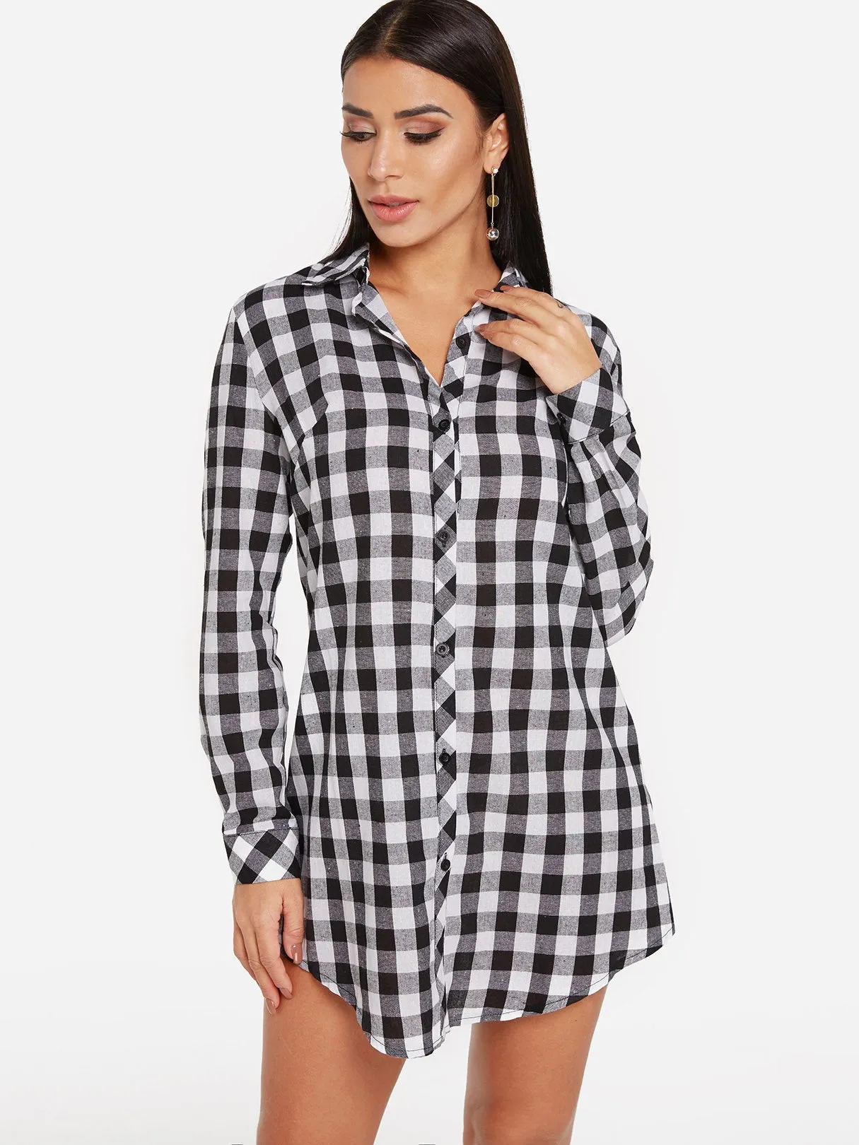 Wholesale Grid Classic Collar Long Sleeve Grid Shirt Dress