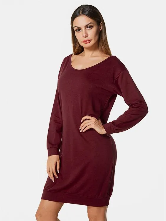 Wholesale Scoop Neck Long Sleeve Plain Shirt Dresses