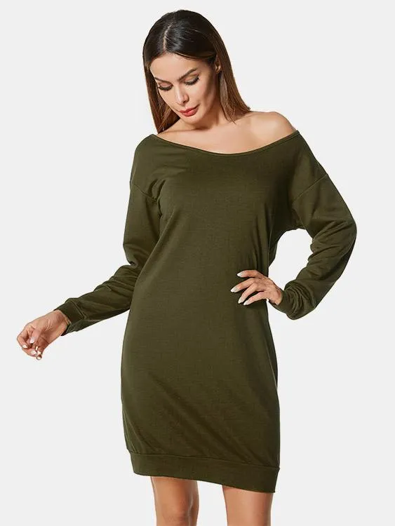 Wholesale Scoop Neck Long Sleeve Plain Shirt Dresses