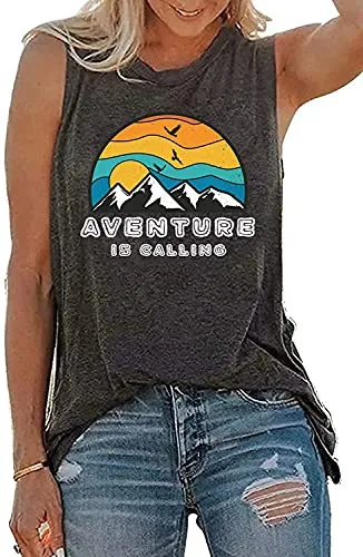 Women Adventure is Calling Funny Tank Tops Women Graphic Shirt Workout Tank Tops