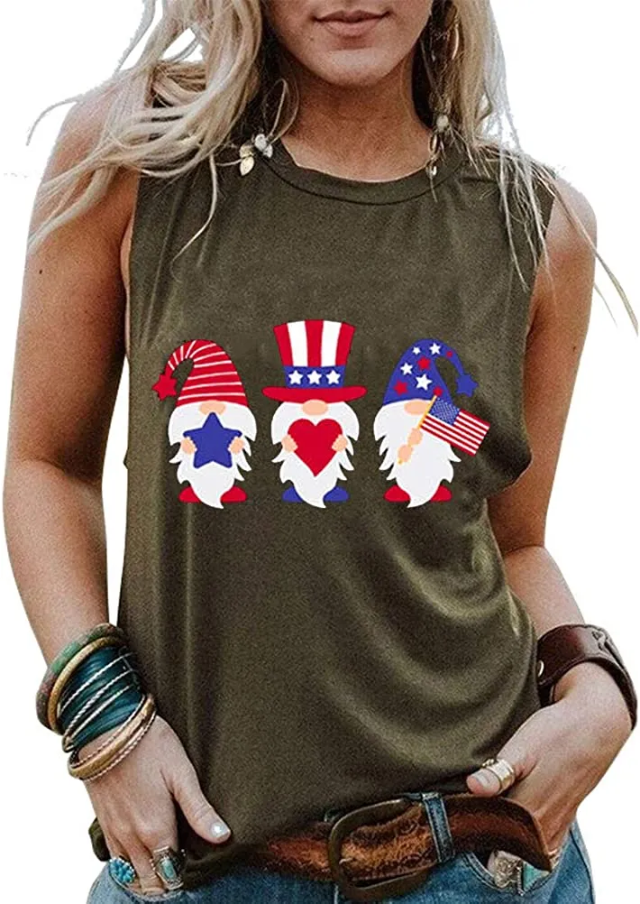 Women American Flag Gnomes Love Heart Tank Top Patriotic Gnomes Shirt