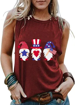 Women American Flag Gnomes Love Heart Tank Top Patriotic Gnomes Shirt