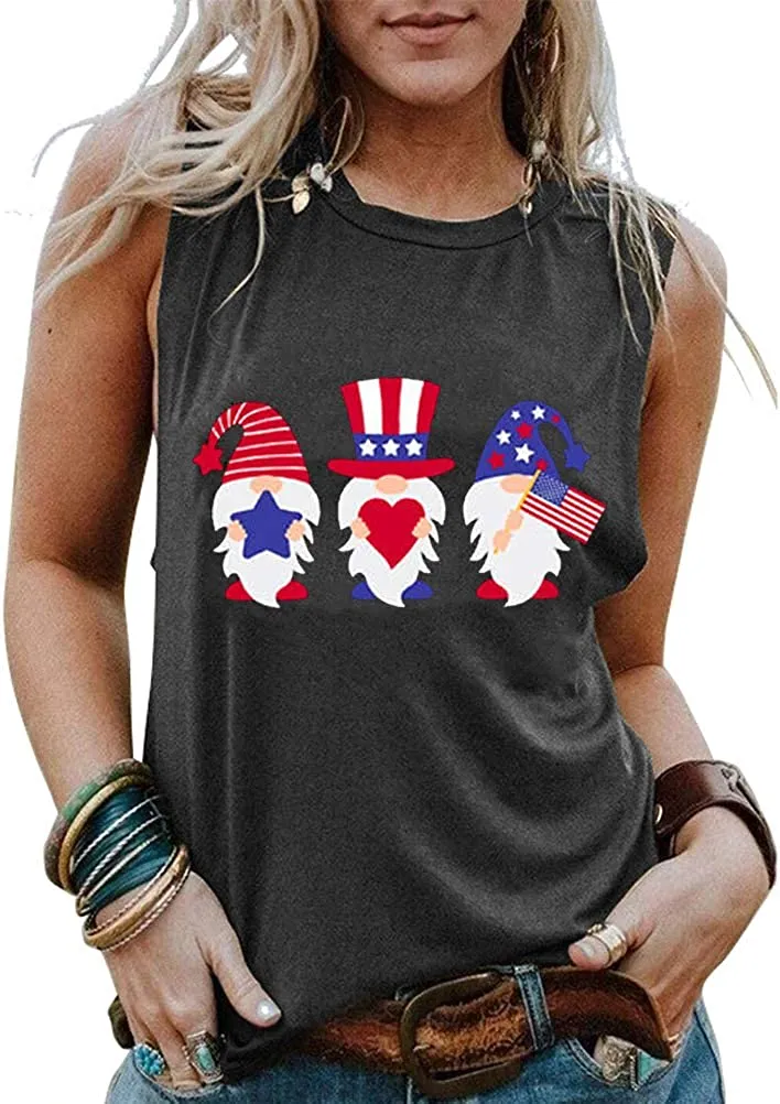 Women American Flag Gnomes Love Heart Tank Top Patriotic Gnomes Shirt