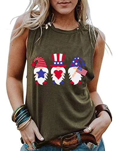 Women American Flag Gnomes Love Heart Tank Top Patriotic Gnomes Shirt