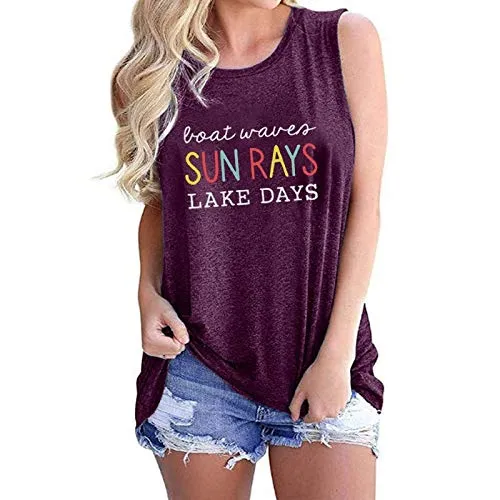 Women Boat Waves Sun Rays Lake Days Fashion Tank Tops