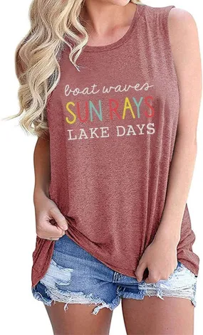 Women Boat Waves Sun Rays Lake Days Fashion Tank Tops