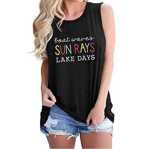 Women Boat Waves Sun Rays Lake Days Fashion Tank Tops