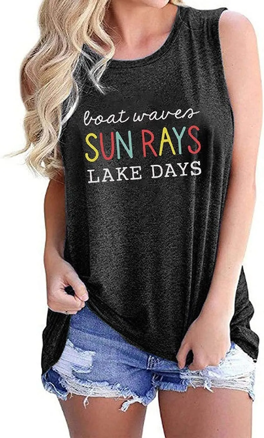 Women Boat Waves Sun Rays Lake Days Fashion Tank Tops