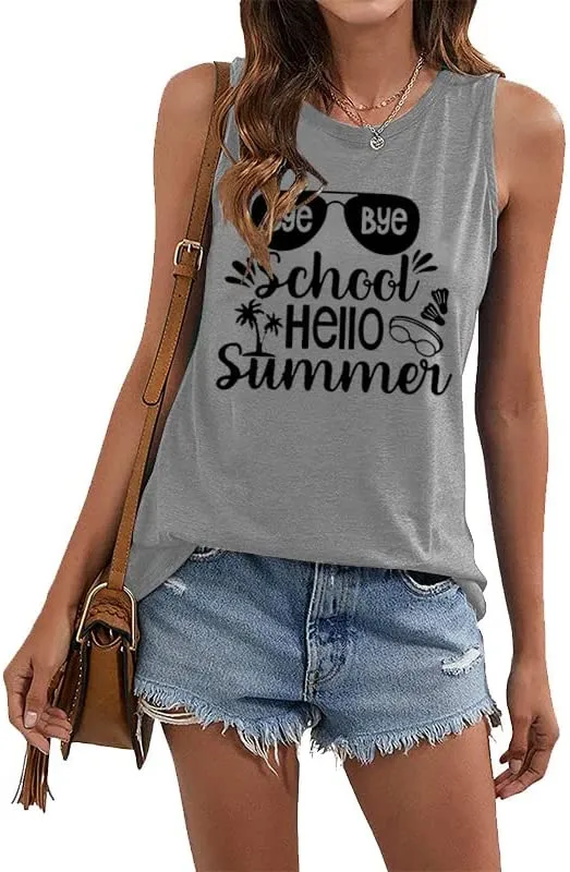 Women Bye Bye School Hello Summer Sleeveless Tank Tops