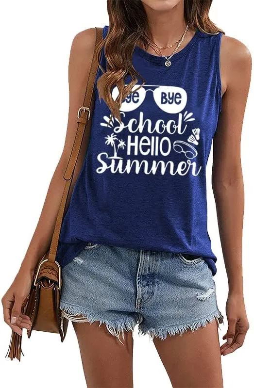 Women Bye Bye School Hello Summer Sleeveless Tank Tops