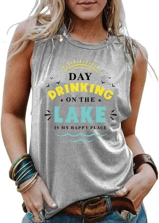 Women Day Drinking on The Lake is My Happy Place Tank Tops