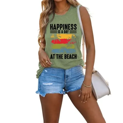 Women Happiness is A Day at The Beach Tank Tops Shirt