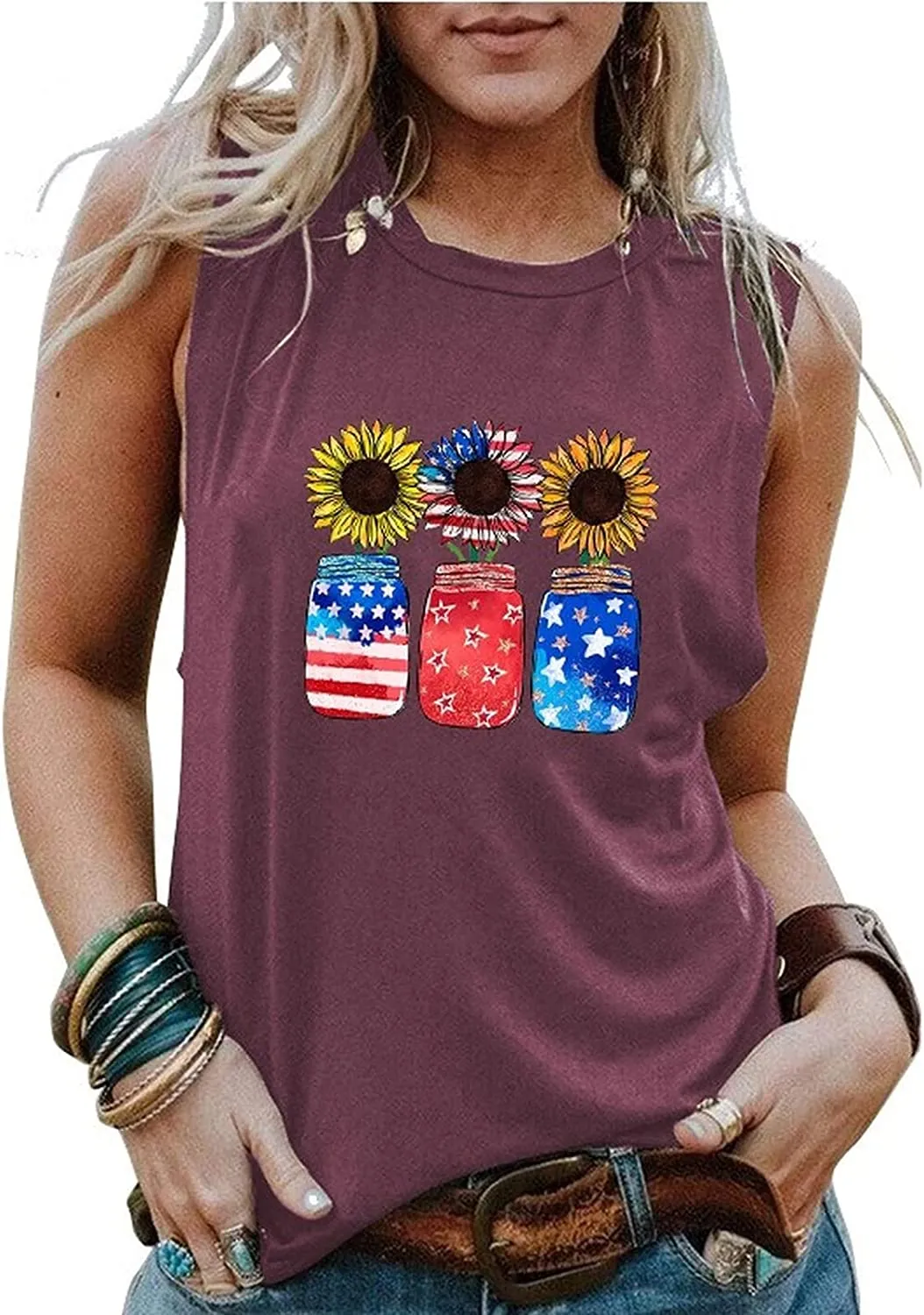 Women Patriotic Jar Sunflowers Tank Top Shirt