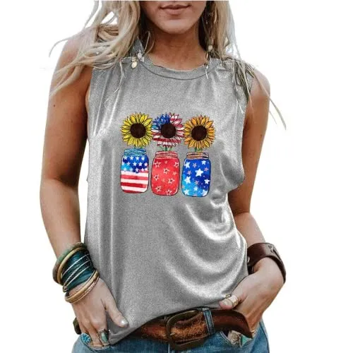 Women Patriotic Jar Sunflowers Tank Top Shirt