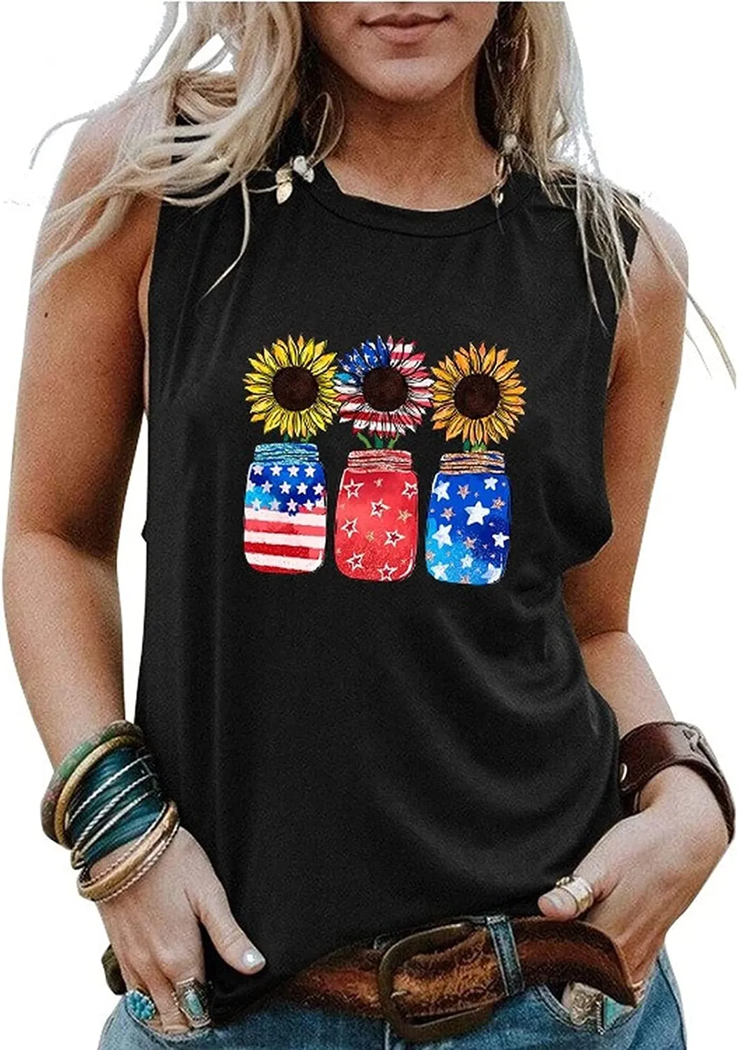 Women Patriotic Jar Sunflowers Tank Top Shirt