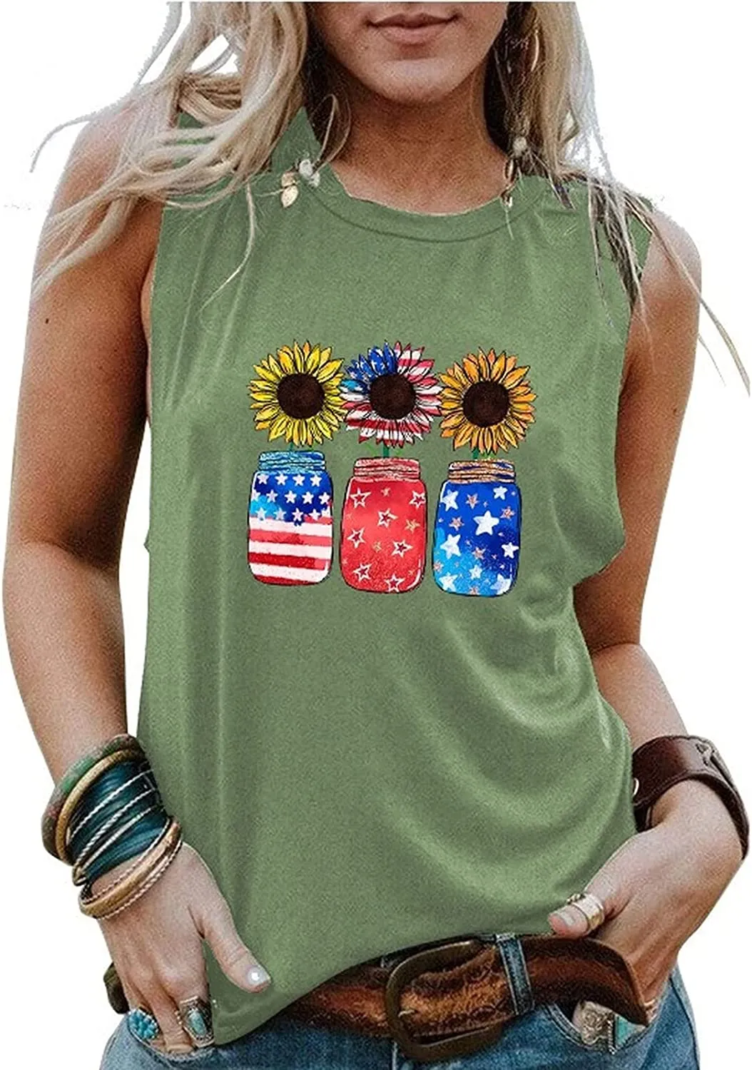 Women Patriotic Jar Sunflowers Tank Top Shirt