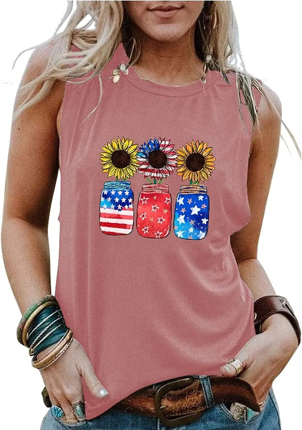 Women Patriotic Jar Sunflowers Tank Top Shirt