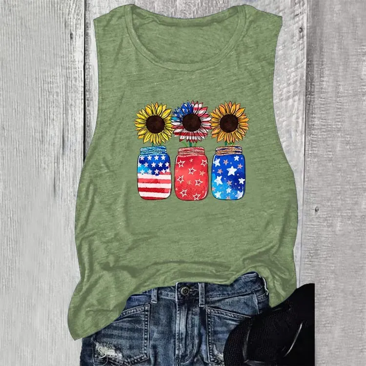 Women Patriotic Jar Sunflowers Tank Top Shirt