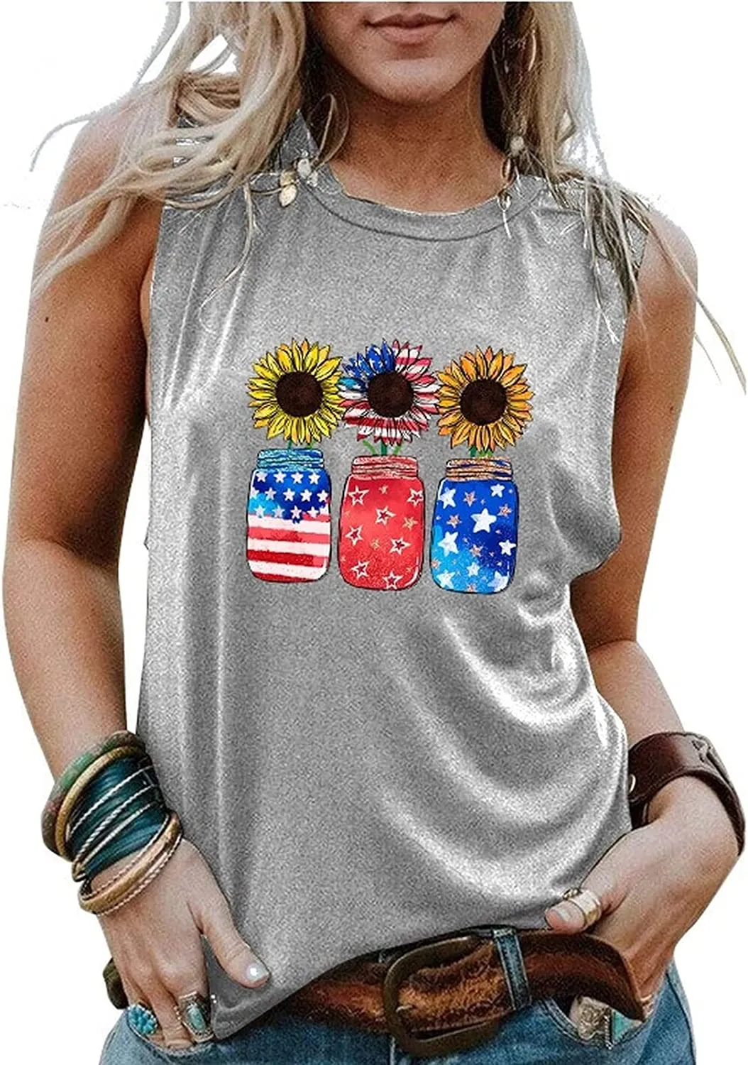 Women Patriotic Jar Sunflowers Tank Top Shirt